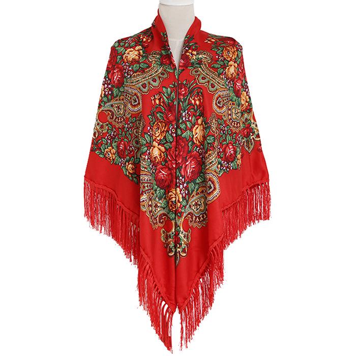 Ethnic Print Tassel Shawl: Large Square Scarf for Women - Autumn/Winter Style