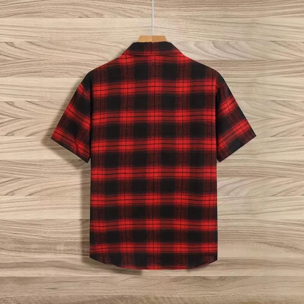 Men Summer Casual Lapel Lattice Shirt 100% Polyester Men Shrot Sleeve 3D Digital Print Shirt