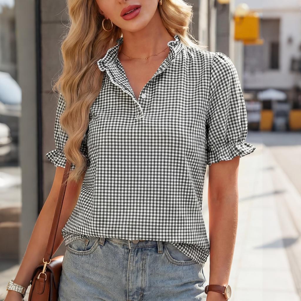 Womens Short Sleeve Shirt Ruffle Collar Button Down Plaid Checkered Blouse Lightweight Casual Top