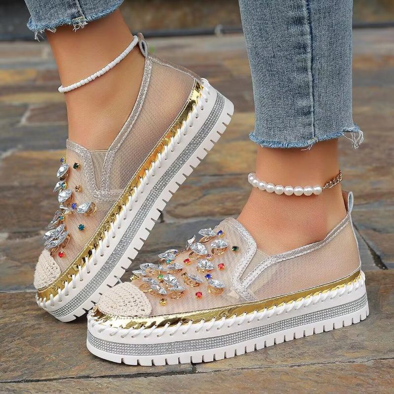 New Student Casual Board Shoes One Pedal Four Seasons Color Rhinestone Muffin Thick-soled Loafer Flat-soled Single Shoes Women