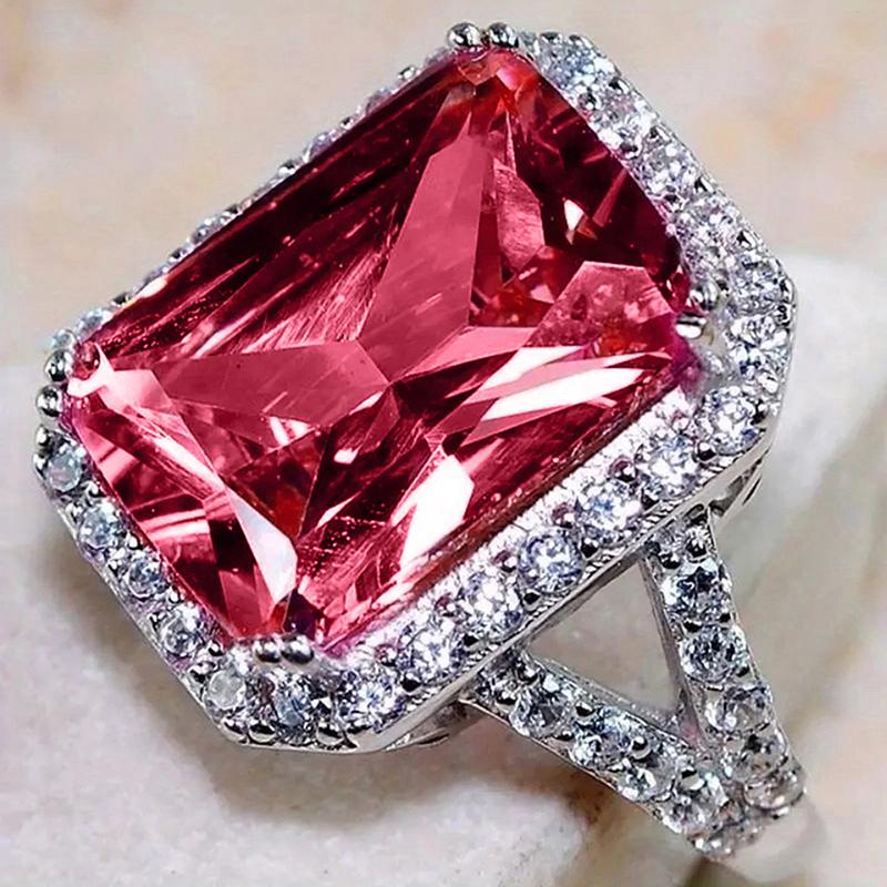 Huitan Geometric Rectangular Red Cubic Zirconia Rings for Women Wedding Anniversary Party Elegant Lady's Rings Luxury Jewelry