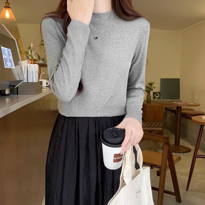 Weißes schlichtes vielseitiges langärmeliges T-Shirt für Damen im Herbst und Winter kleiner Stehkragen schlankmachende einfarbige Western-Stil Unterzieh-Oberteil