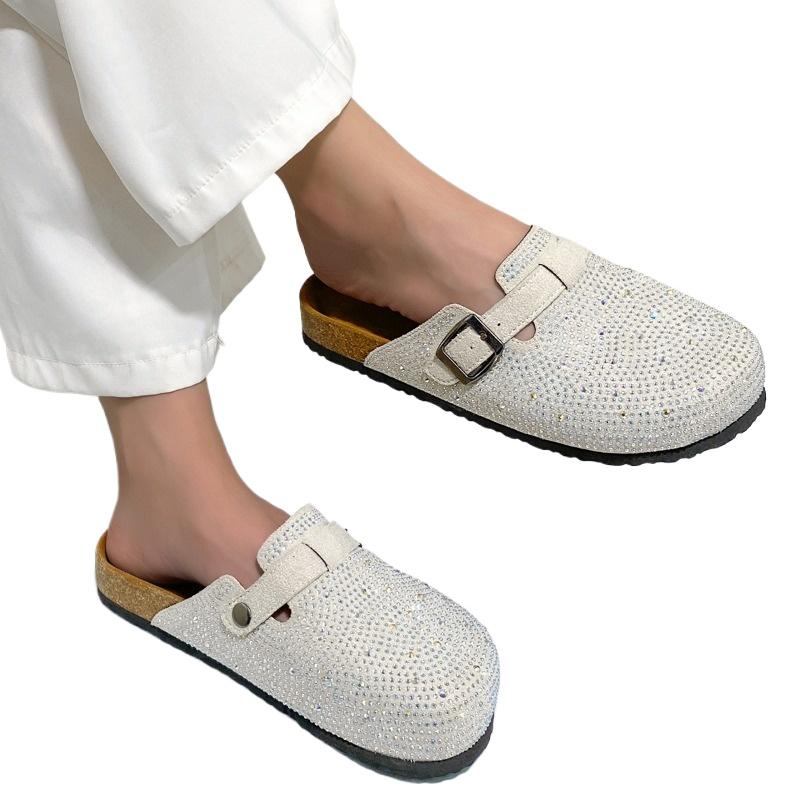 Fashion 2025 New Closed Toe Women's Slippers Fashion Crystal Outdoor Casual Belt Buckle Best Seller Plus Size Comfortable Flat Slippers