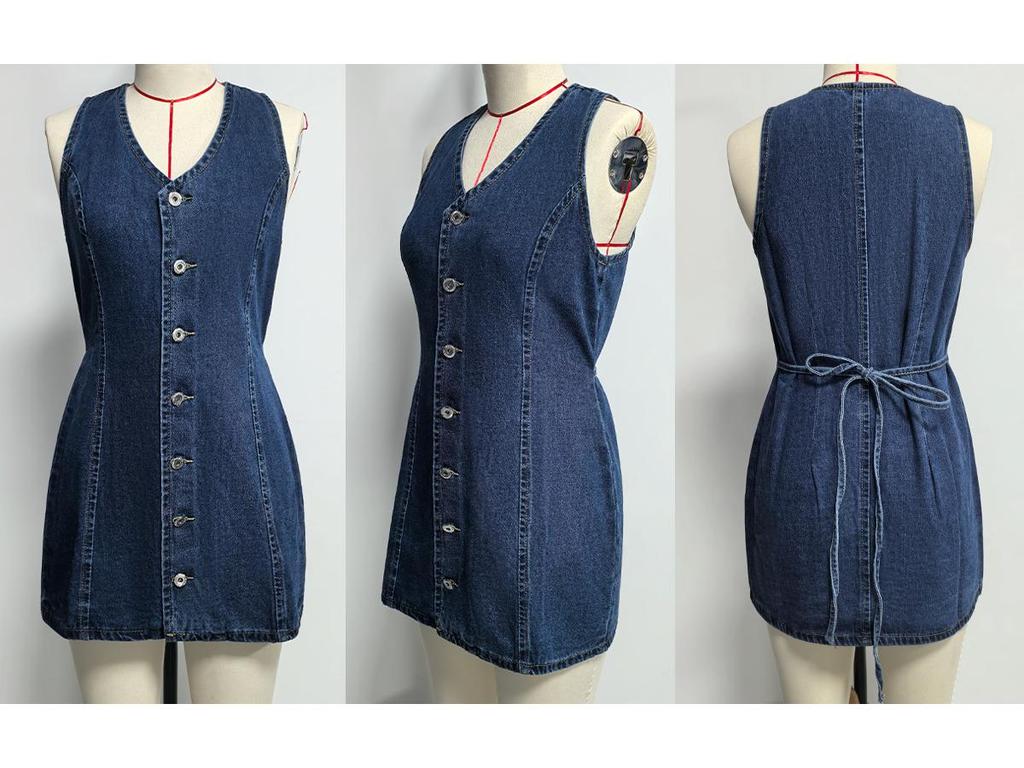 2026 Spring/Summer European Retro Button-Up Tie Waist Denim Dress