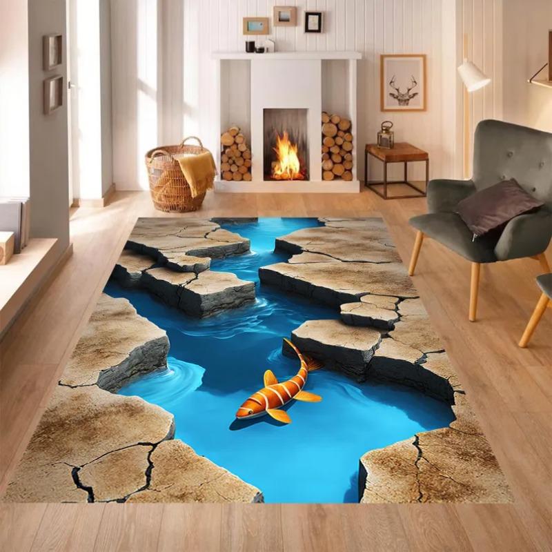 3D Vortex Carpet, Spiraling Gold Line On Sapphire Blue Background Rug, Reflective Illusion Floor Mat for Statement Interiors