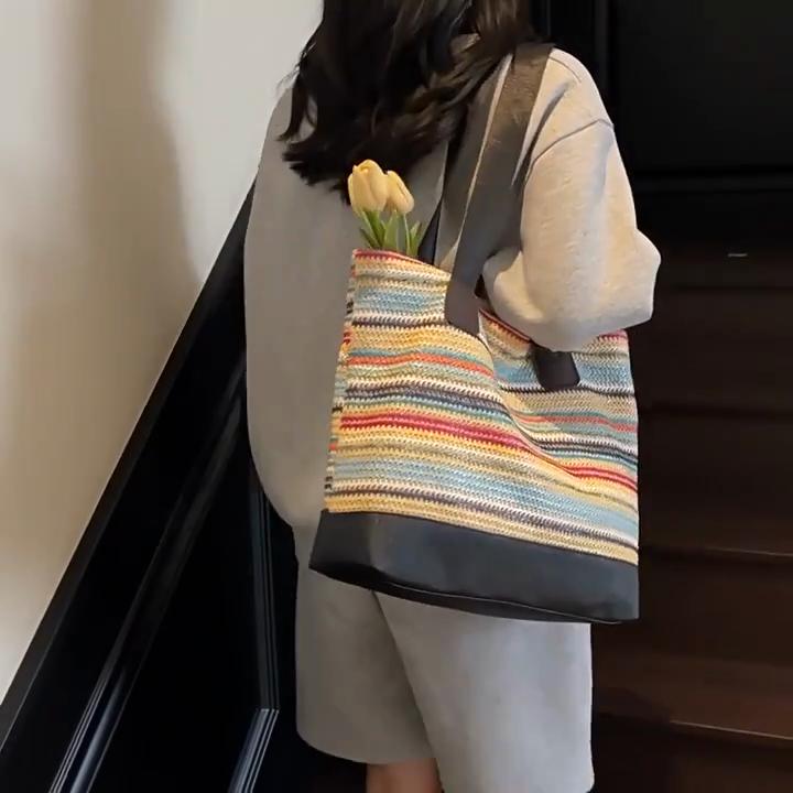 Outdoor Vacation Women's Simple Casual Versatile Beach Woven Tote Bag Fashion Trendy Large Capacity Commuting Storage Bags AVE