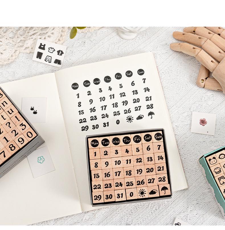 42-Piece Beech Wood Stamp Set: Numbers, Letters, Shapes & Emoticons.