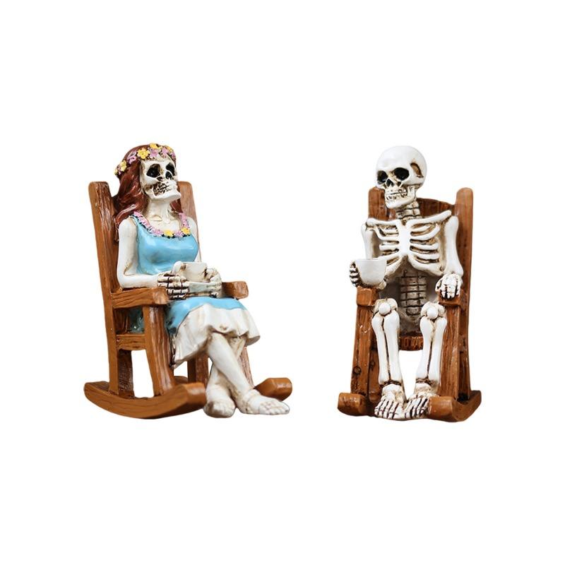 Rocking Chair, Skeleton Couple Statue Set, Halloween Home Table Decoration, Resin Handicrafts