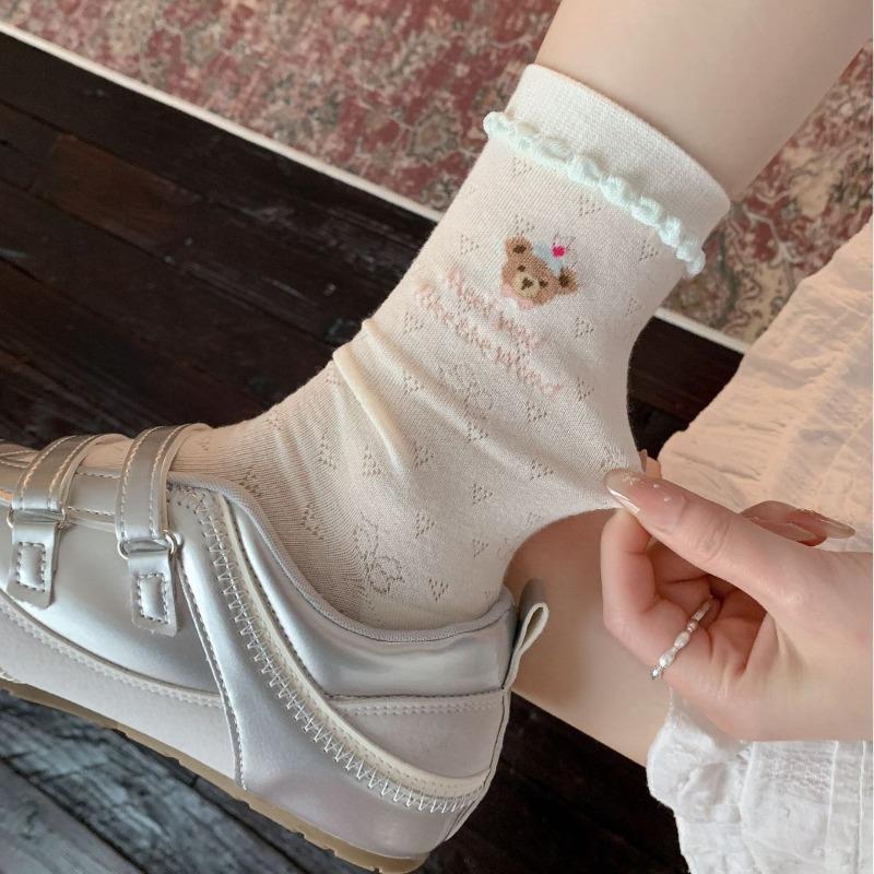 Cute Little Bear Embroidered Socks - Children's Cartoon Plush Socks, Thin Style with Lace and Boneless Bows