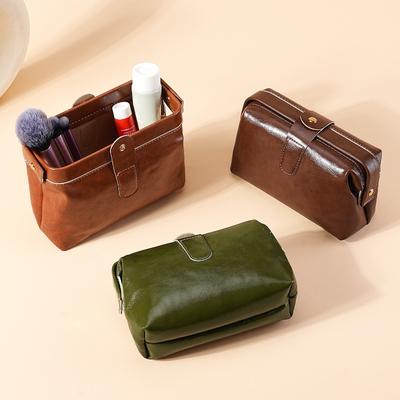 Borsa Cosmetica in Ecopelle PU Vintage alla Moda per Donna Ragazza Colore Unito Bottone Portamonete Grande Capacità Custodia per Trucco Impermeabile