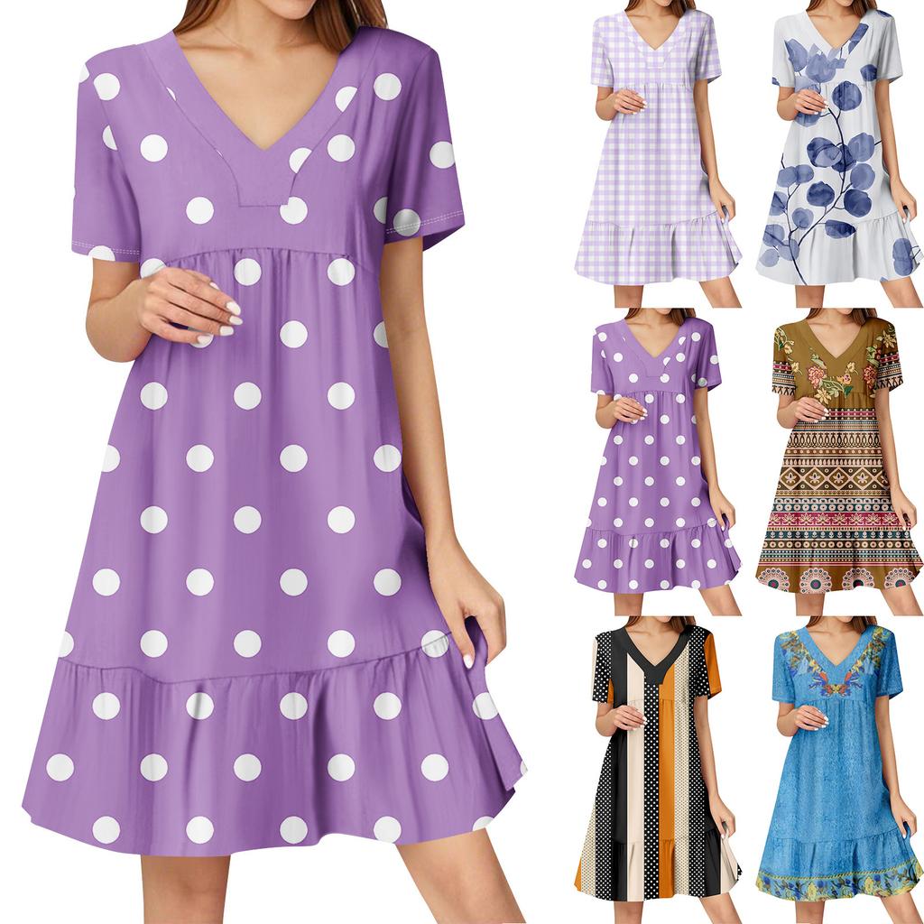 Womens Summer Dress Short Sleeve V Neck Short Dresses Fashion Casual Flowy Boho Ruffle A Line Swing Sundress