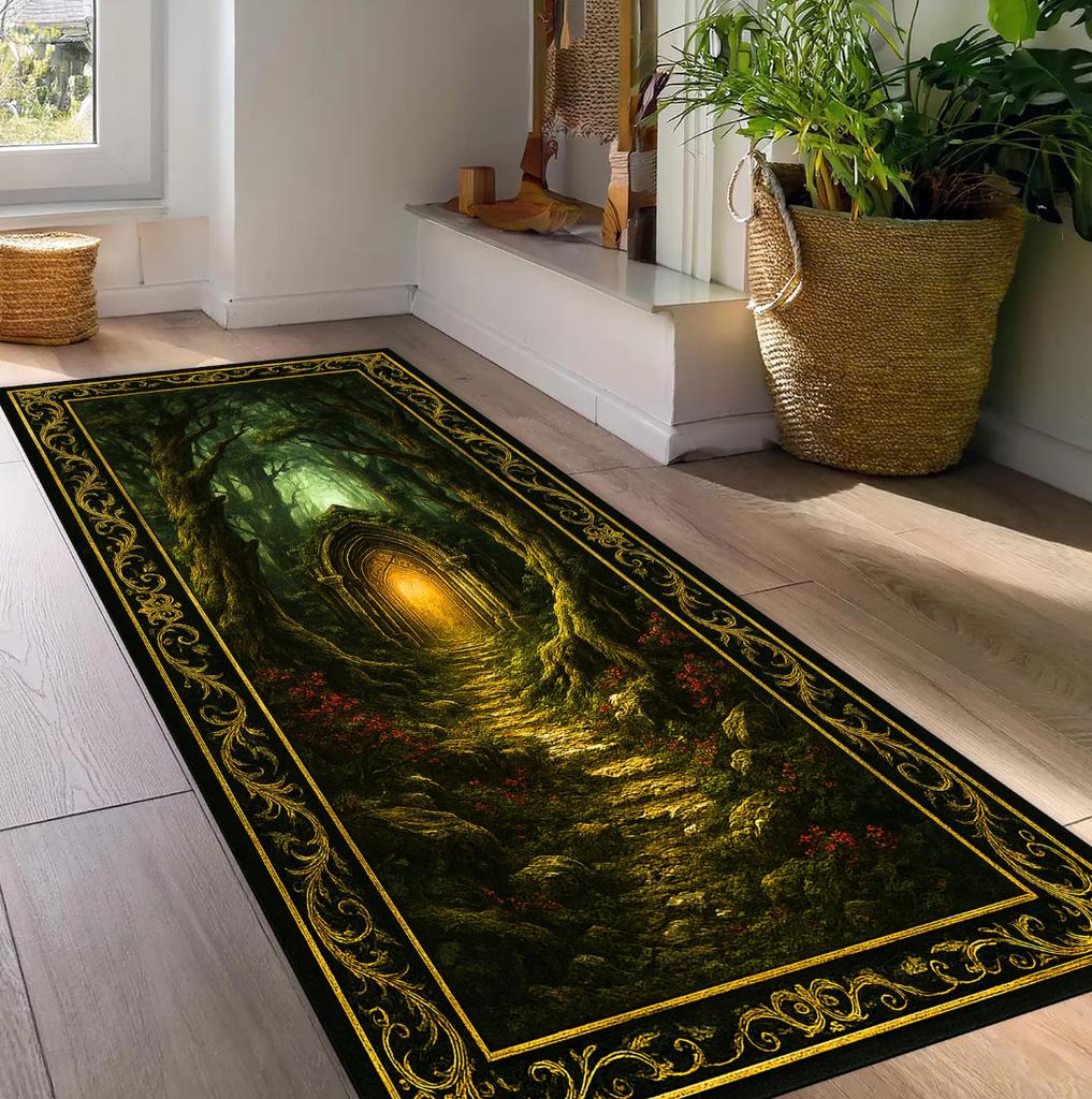 Secret Door Runner Rug Dark Green Gold Color Enchanted Archway Design Vegetation Pattern Perfect for Corridor Home Decor