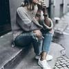 Plus Size Knit Sweater: European & American Autumn/Winter Women's Loose Long Sleeve Pullover with Side Slits and Hollow Out Design