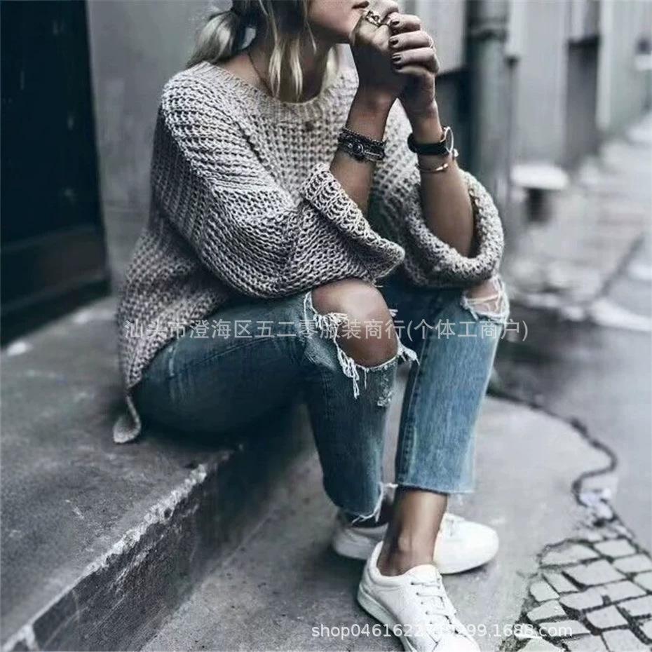 Plus Size Knit Sweater: European & American Autumn/Winter Women's Loose Long Sleeve Pullover with Side Slits and Hollow Out Design