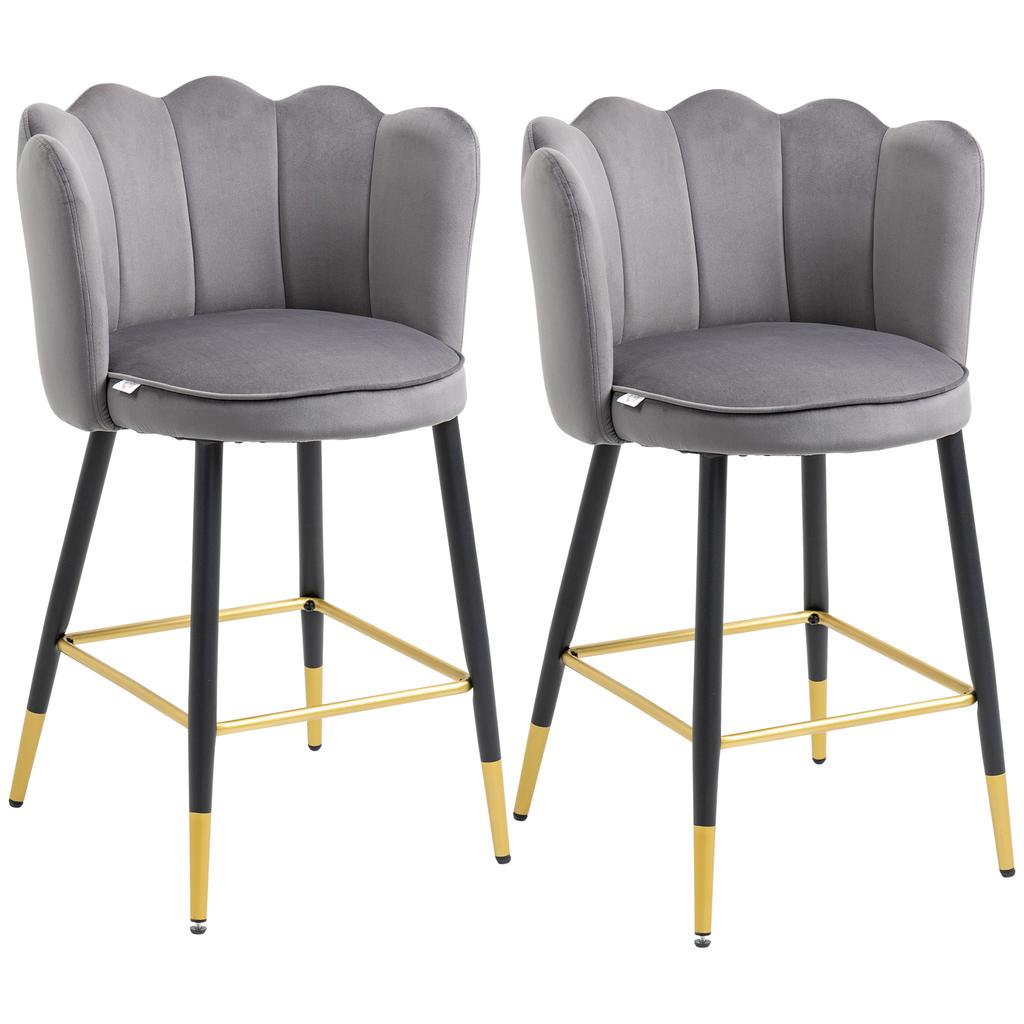 Set of 2 Velvet Bar Stools with Footrest and Steel Base, 59x52x90cm, Grey
