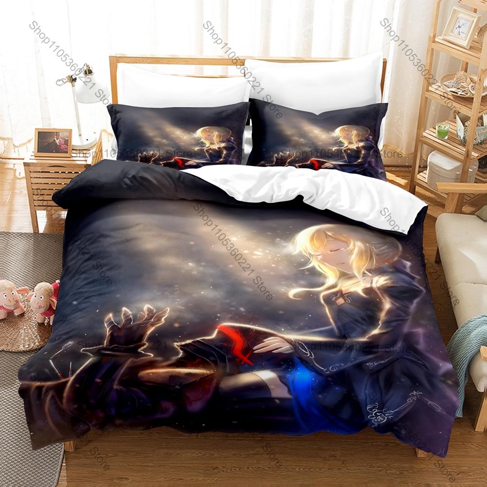 Cool Fate Series Saber Artoria Excalibur Knight HD Print Bedding Set Duvet Cover + 2 Pillowcases Polyester Anime Room Decor