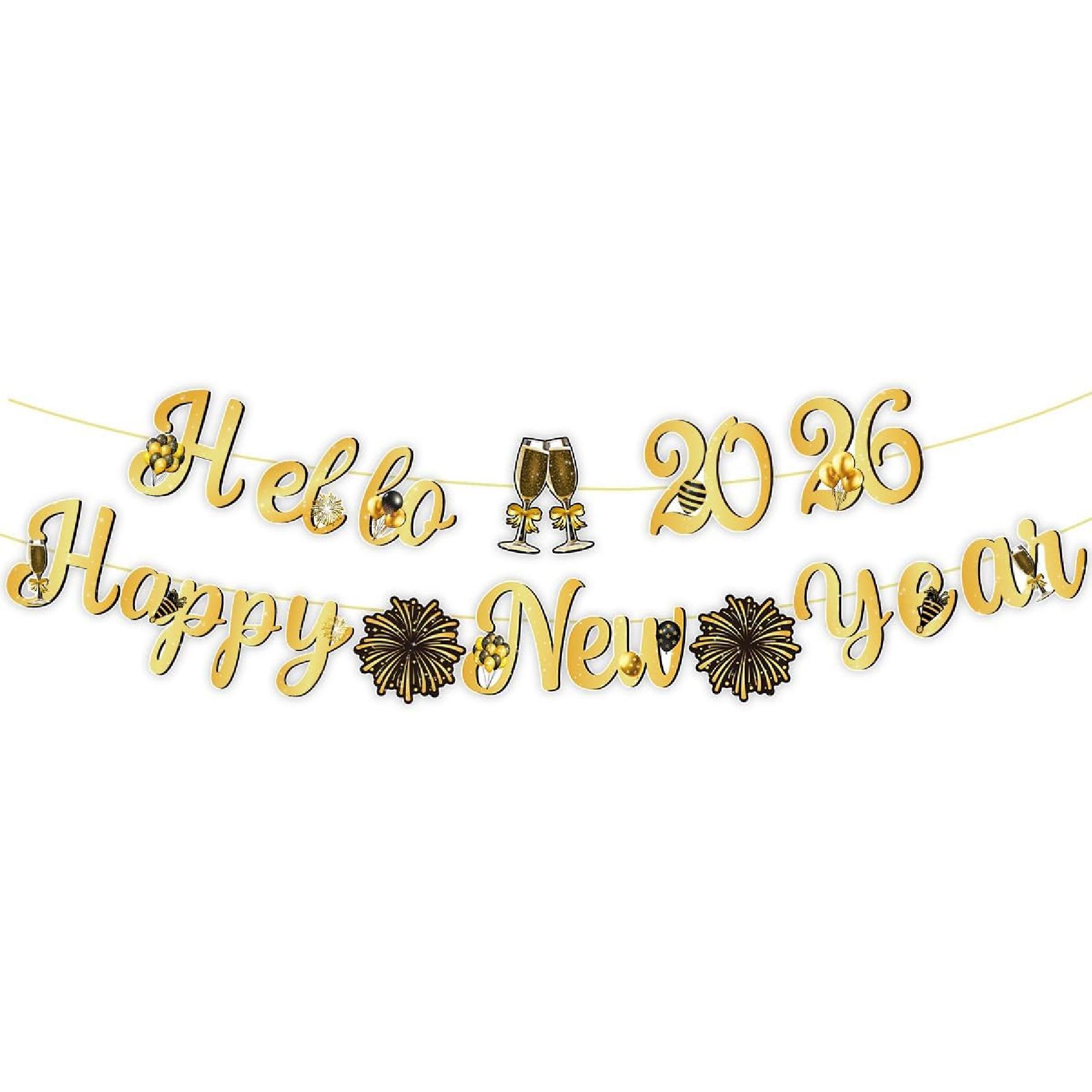 Gold Black New Years Decorations 2026 Glitter Banner New Years Eve Party Supplies NYE Eve Decorations Happy New Year Sign For Party Decorations