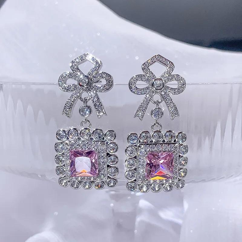 New Elegant Pink Pendant Bow Drop Sterling Silver Earrings Crystal Zircon Ladies Earrings Silver
