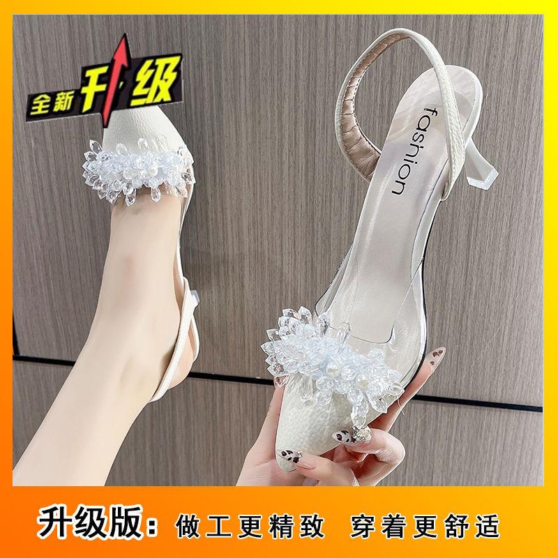 pointed black foreign style rhinestone high heels women's thin heels imperial sister single shoes bag head empty sandals 2025 spring and autumn new