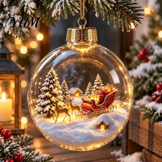Transparent Christmas Tree Decor 3D Acrylic Faux Crystal Ball Ornament, Lighted Reindeer Sleigh Luminous Ornaments Snow Scene Hanging for Tree,