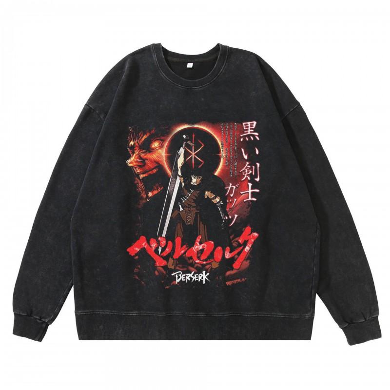 Heavyweight 360g Washed Vintage Berserk Anime Streetwear Cotton Pullover Hoodie-Free Crewneck Sweatshirt Men