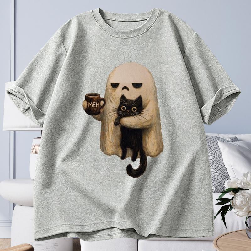 GhostCat Spooky Black Cat Aesthetic Graphic Tops Women Unisex Tshirts Funny Introvert Halloween Coffee Lover Gift Ins Yk Clothes