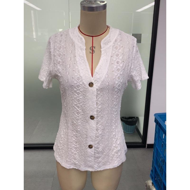 Jarní a letní móda ležérní jednobarevné knoflíkové výstřih do V krátký rukáv dámské halenky a košile