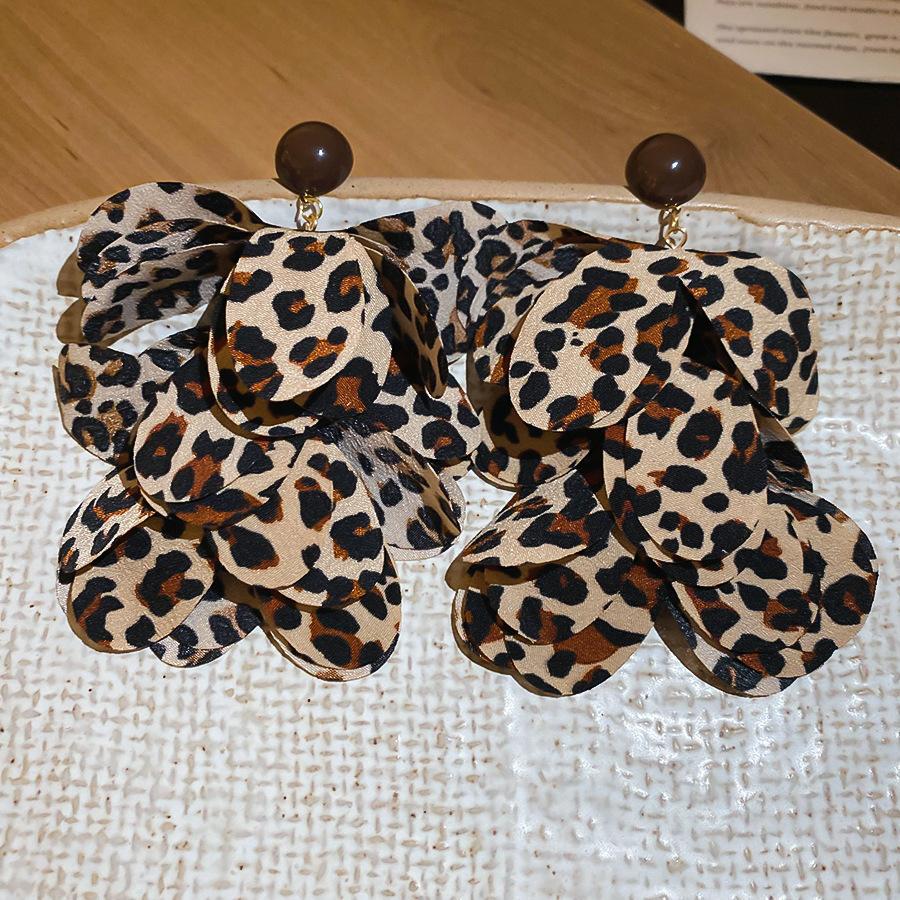 European and American retro fabric flower fringed leopard print earrings earrings personalized temperament earrings women
