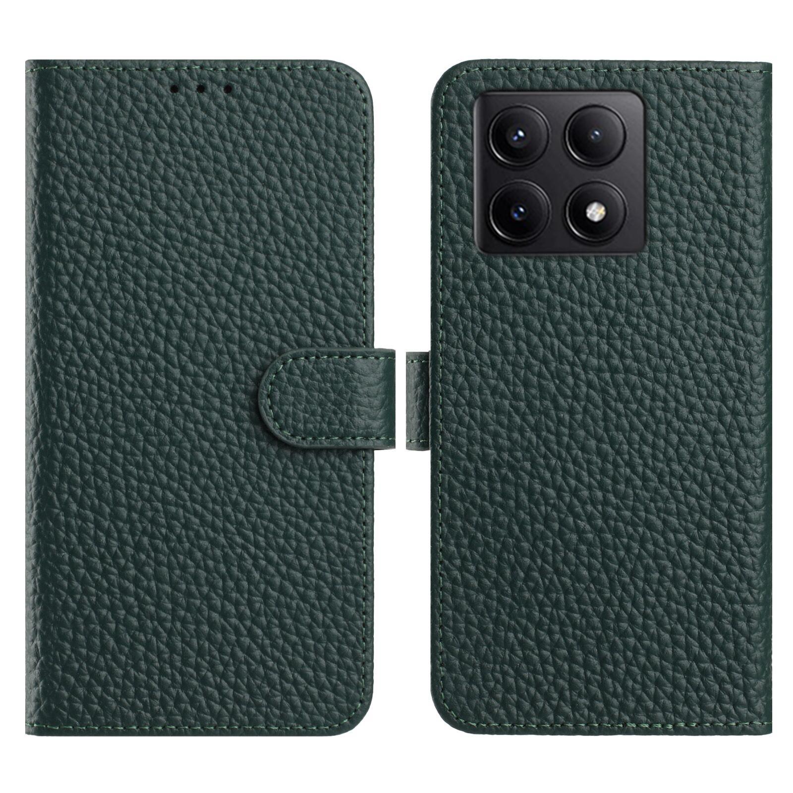

For Xiaomi 14T Case Wallet Stand Litchi Texture Genuine Cow Leather Flip Phone Cover Green