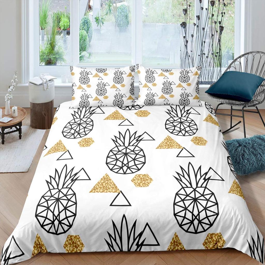 Funny Pattern Pineapple Bedding Set Decor Quilted 3 Piece Cover Set With 2 Pillow Shams, Twin Full Queen King Size Room Decor