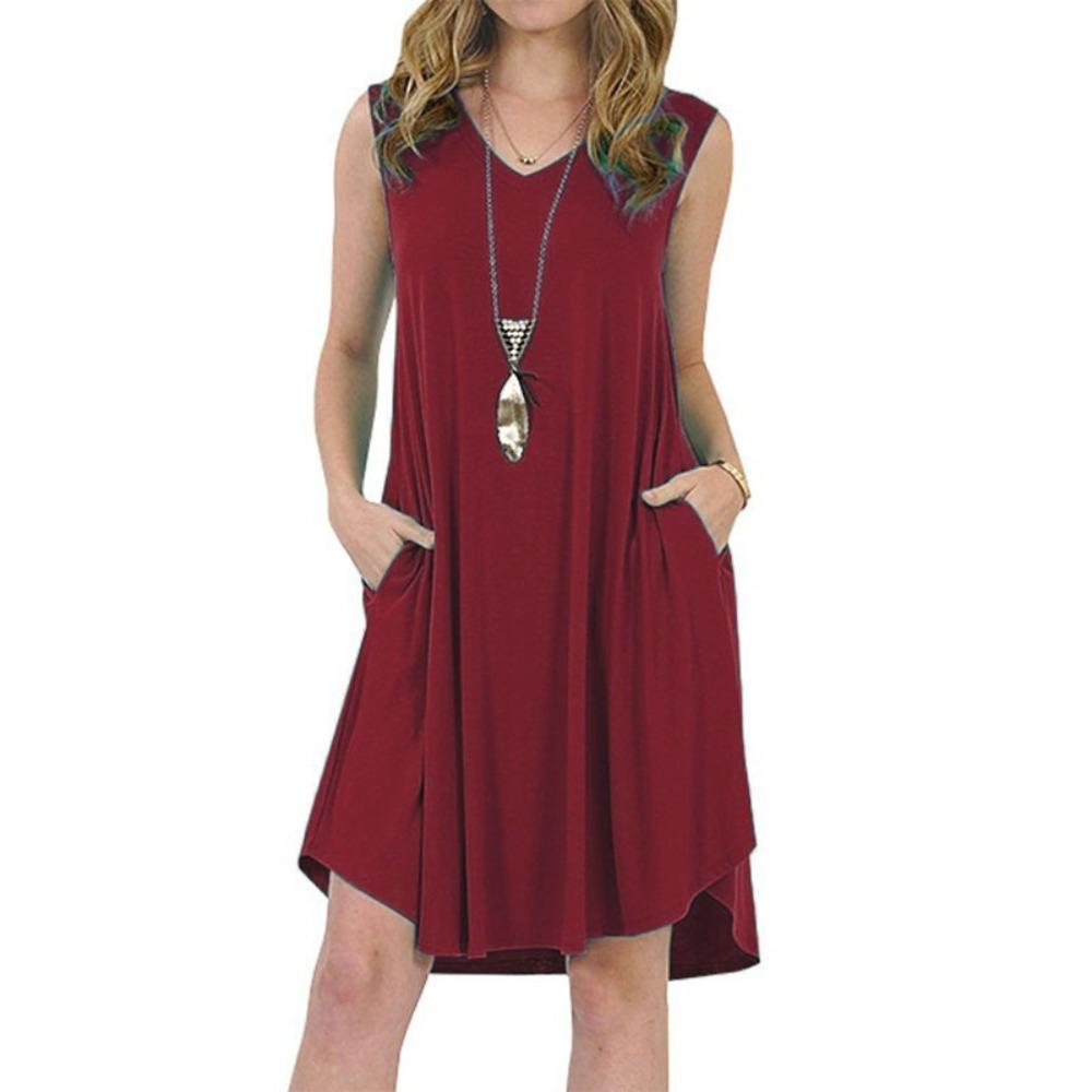 

HNXC Женские модные летние весенние однотонные повседневные платья без рукавов с v-образным вырезом и принтом XXL бордовый