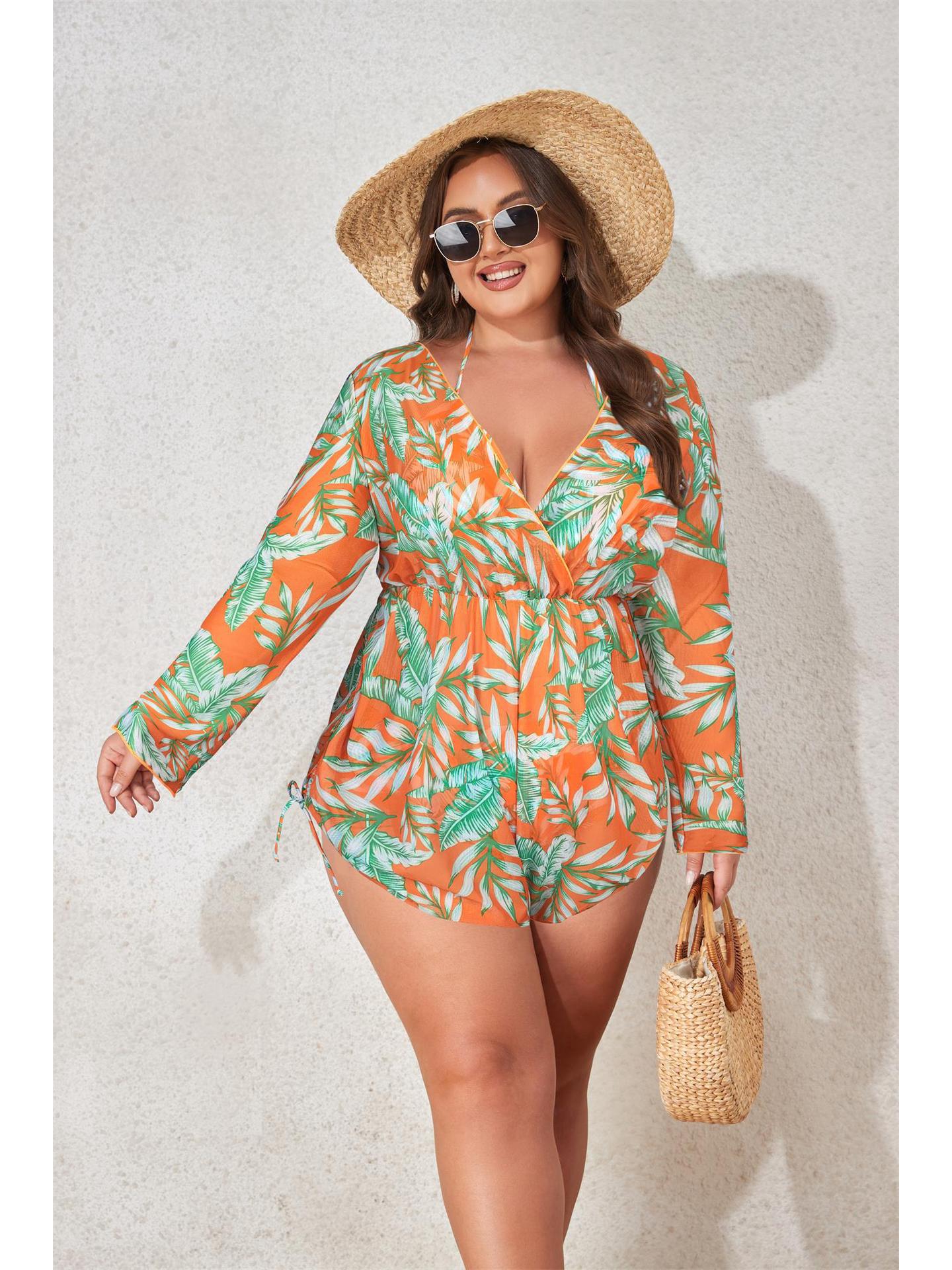 

Европейский и американский сексуальный купальник большого размера из трех предметов с накидкой - стиль 2025 2XL оранжевый