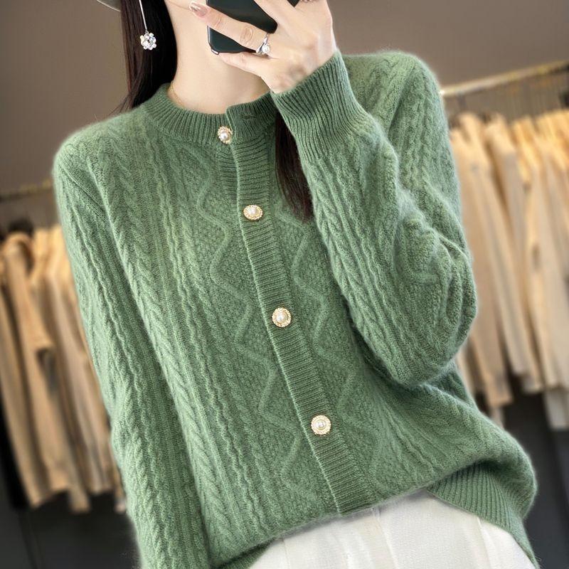 New Crew Neck Knitted Autumn and Winter Coat Casual Versatile Twist Loose Cardigan Sweater Women