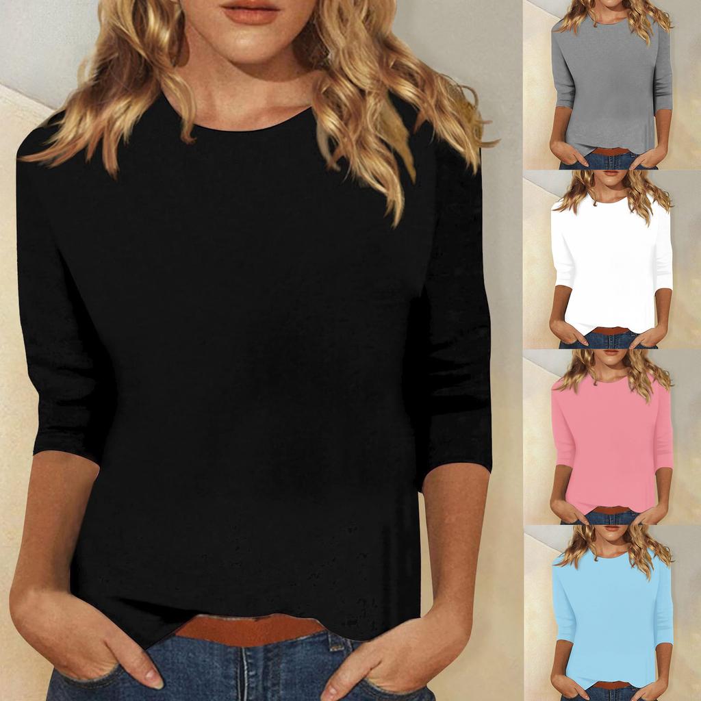 2023 Autumn and Winter European and American Cross-border Women's Clothing Amazon Independent Station Foreign Trade Top Round Neck Seven-quarter
