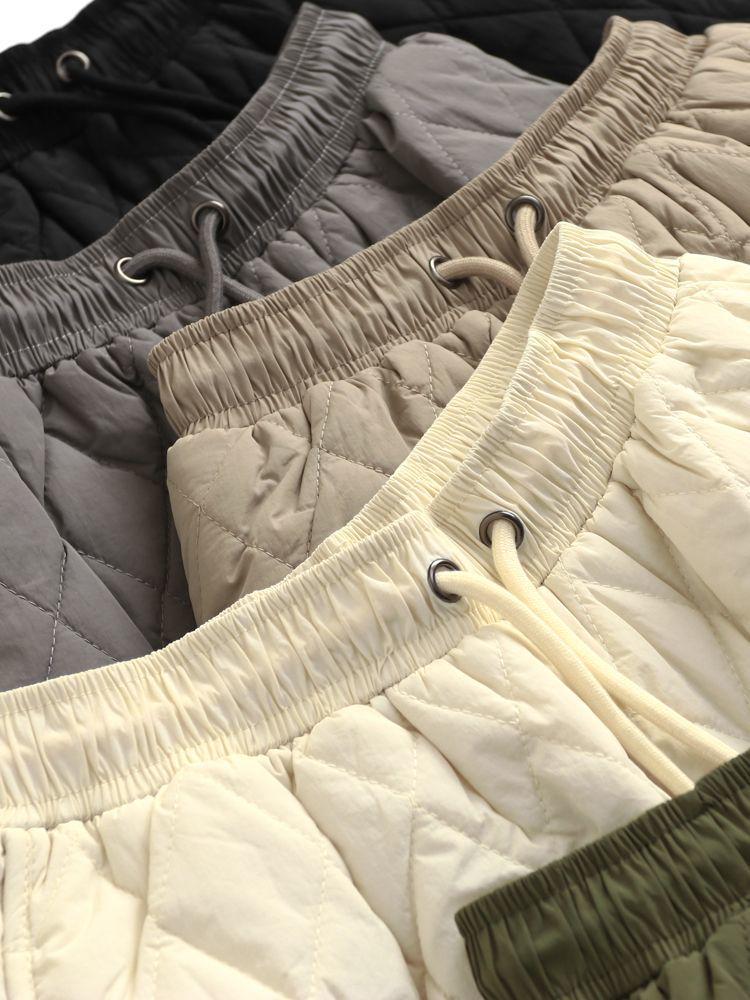 Solid Color Quilted Padded Wide Leg Shorts with Drawstring Waist - Slim Fit, High Waist, Autumn Winter Women's Outerwear Pants