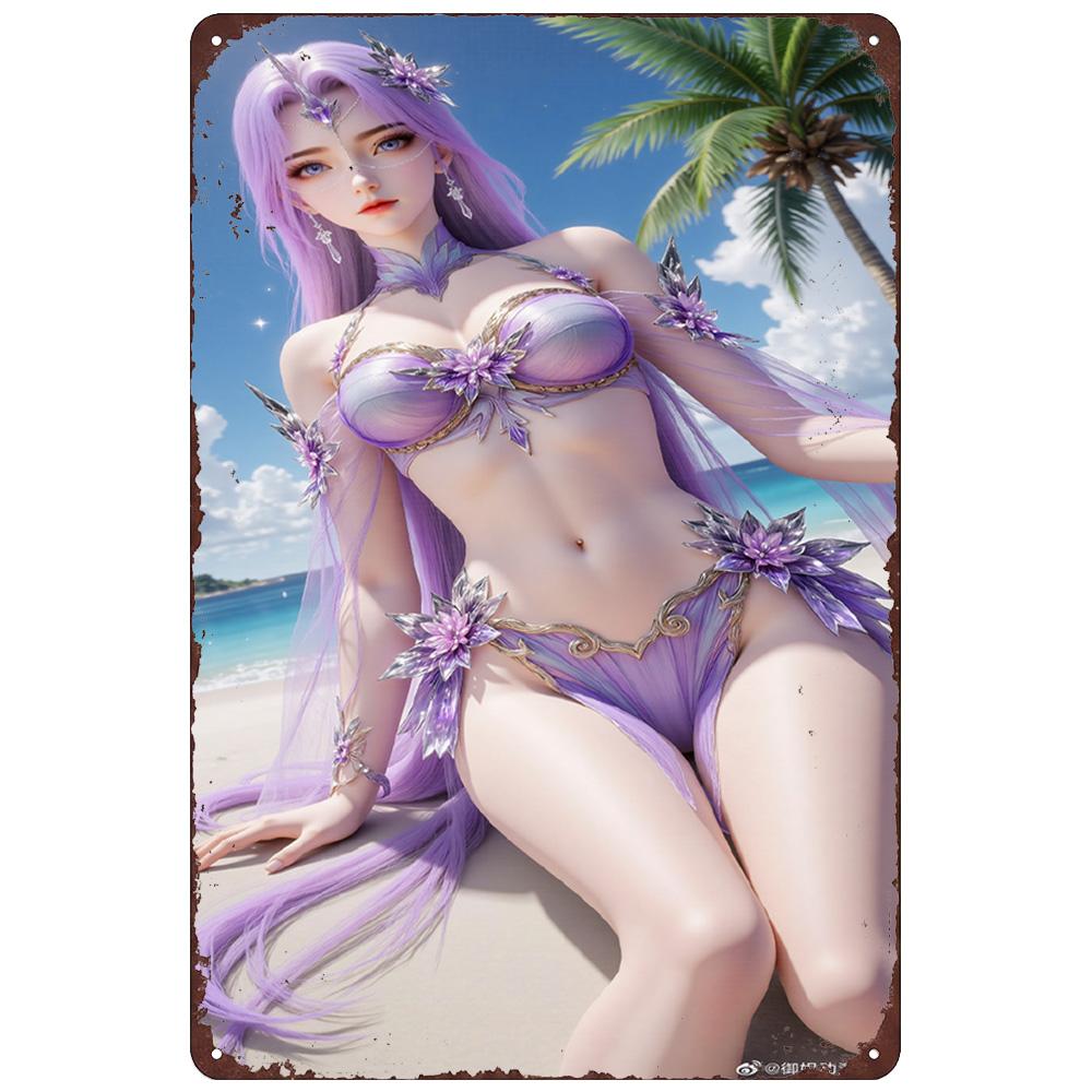 Vintage Retro Metal Tin Sign Yue Liu Fairy from Perfect World Anime Beach Theme Wall Art for Bedroom Bar Game Room Decor