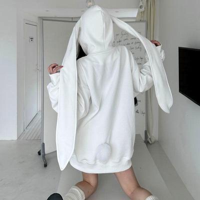 Huamian Damen Oversized Kapuzensweatshirt mit niedlichen Hasenohren, Frühlings-/Herbststil, lockeres Cardigan-Design