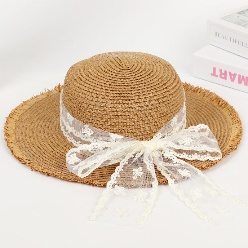 Flat top straw hat women's beach sunscreen bow top hat photo vacation straw weaving simple temperament sun hat
