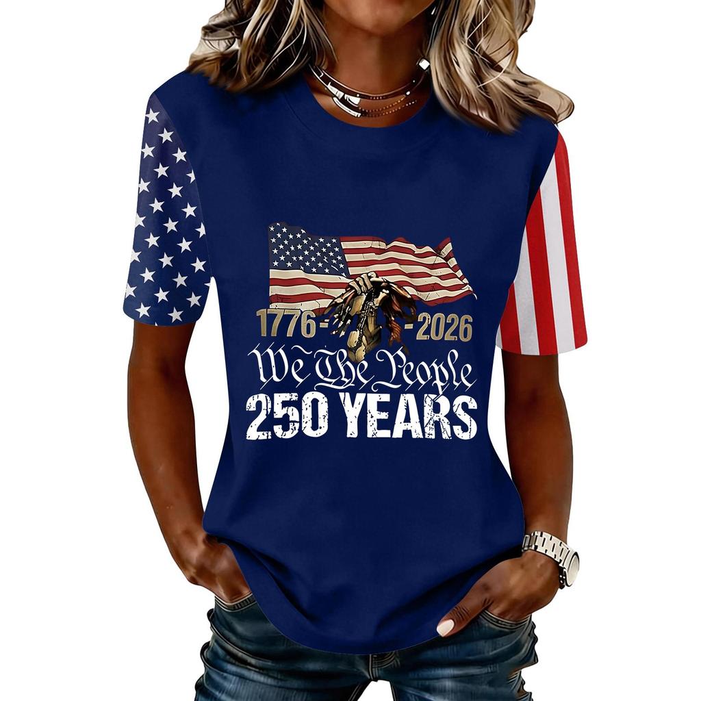Blusa Feminina da Moda Casual de Manga Curta com Estampa e Gola Redonda