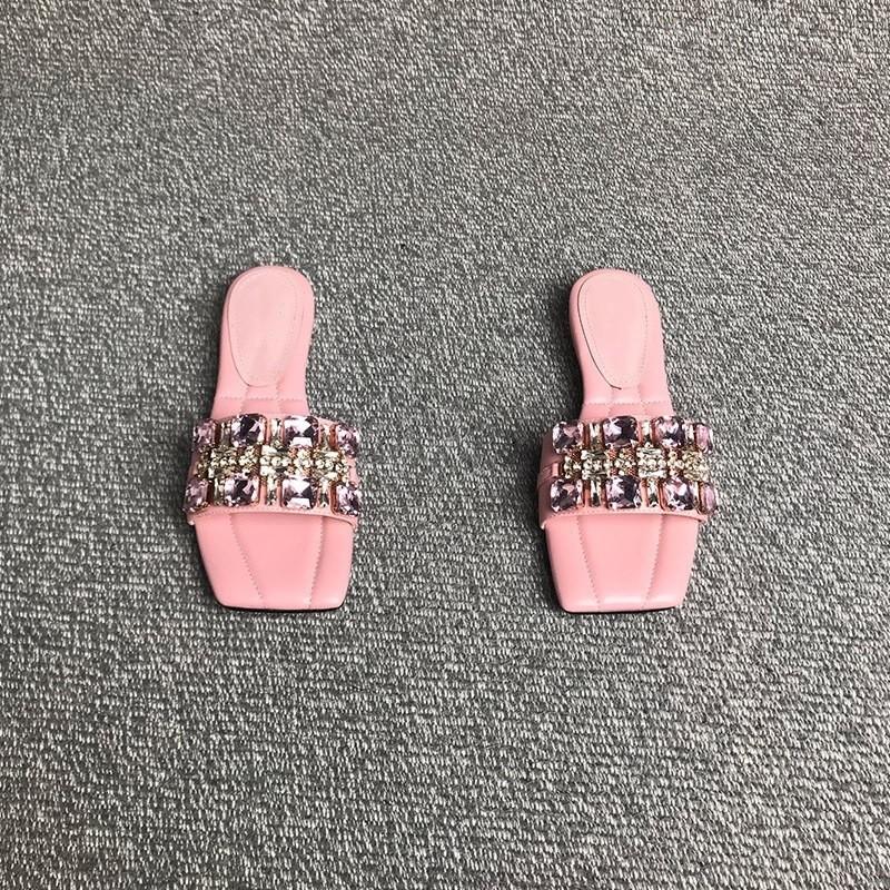 

2025 конфетный цвет верхняя одежда женская бант темперамент квадратный носок фея открытый носок крутые шлепанцы стразы французский 40 розовый