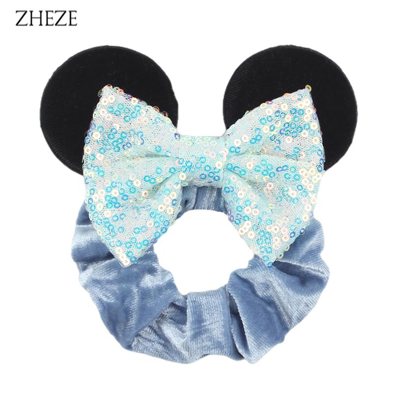 New Disney Mouse Ears Scrunchies Hairband Girl Ponytail Holder For Women Sequins Bows Headband  Women Trip DIY Accessories