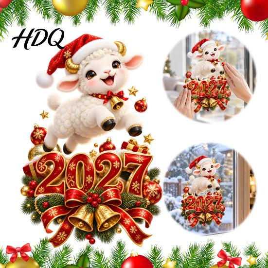 Christmas Lamb Window Art 2027 New Year Clings Cartoon Sheep Static Glass Stickers Door Festive Ornaments of Goat Decal for Holiday Home Office
