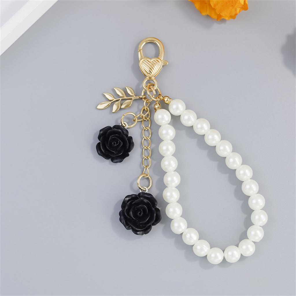 Stylish Faux Pearls and Rose Key Holder Beaded Key Chain Bag Charm Lightweight Keychain Ornament for Women Girls