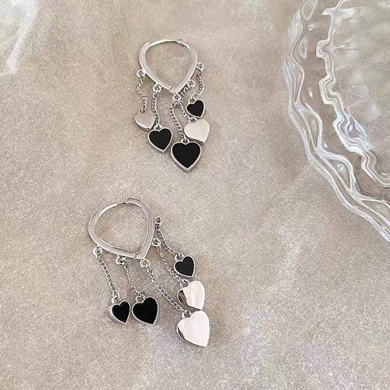 1Pair of Versatile Simple Design Black Love Earrings Fashion Style Temperament Fringed Ear Buckle Earrings
