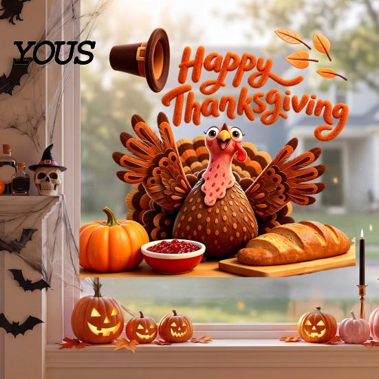 Seasonal Party Supplies Autumn Thanksgiving Turkey Window Static Sticker, Decorative Removable PVC Decals, Harvest Festival Art Theme Wall Clings
