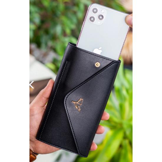 

Черный женский кошелек модели конверт с отделениями для телефона и монет