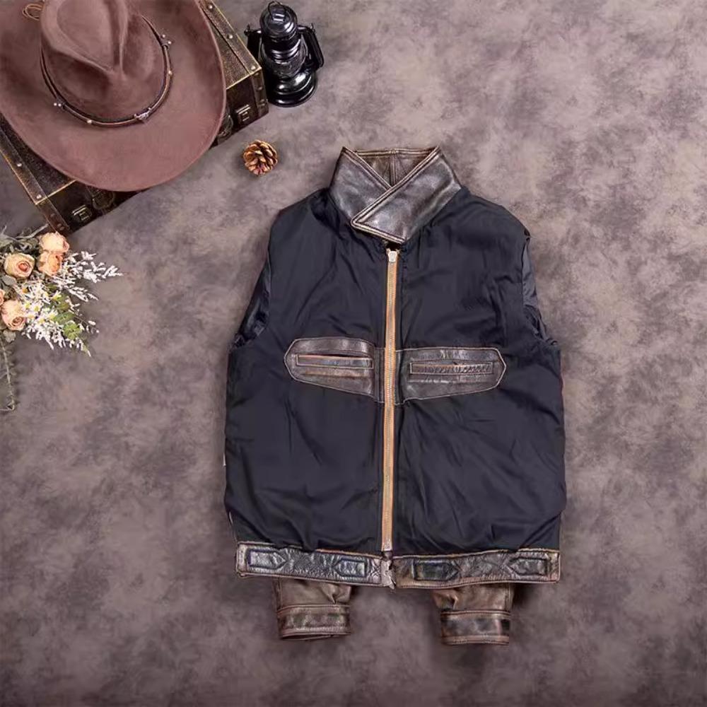 Chinese Size Vintage Men Genuine Leather Jacket Tea Core Cowhide Thickness 1.4mm Tanned Oil Waxed Real Leather Jacket Heavy Thick