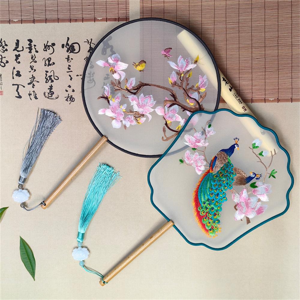 Flower Embroidered Silk Round Fan Chinese Hand Fans with Wooden Handle Tassel Wedding Party Dance Accessories Home Decor