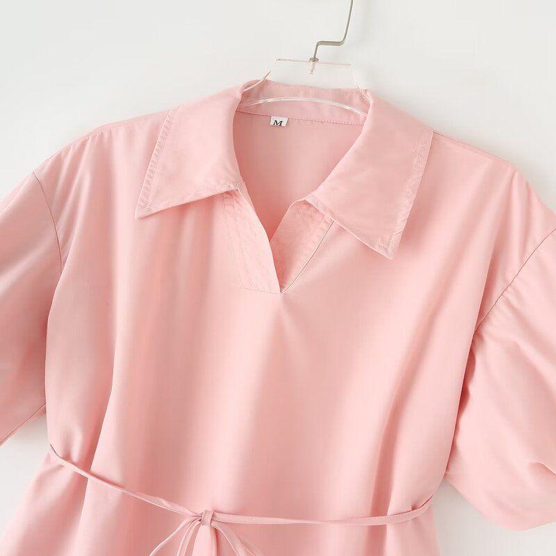 Fashion Style 2024 Summer New Arrival Women's Clothing Temperament Wild V Neck Pure Cotton Tied Shirt Style Mid Length Long Length Dress