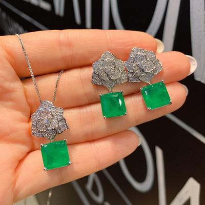 Jewelry Style Imitation Emerald Bar Ring Necklace Stud Earring Set Flower Shape Creative Full Diamond 10 * 10